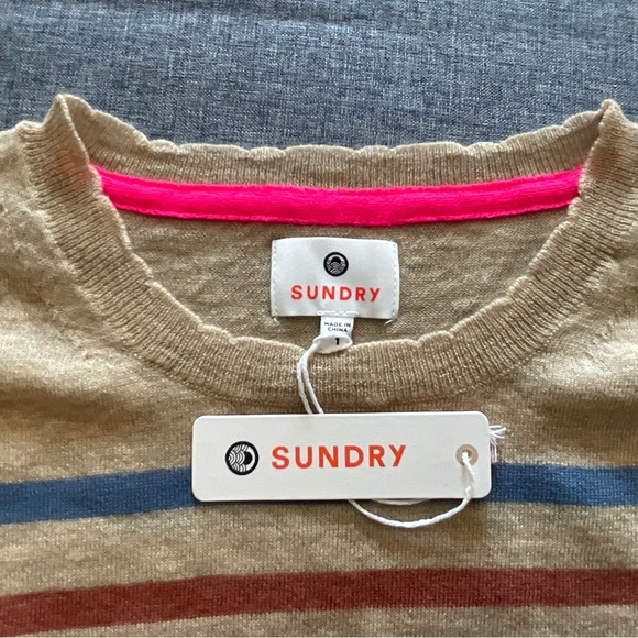 NWT Sundry Rainbow MultiStripe Crewneck Sweater in Cream MSRP $199 - Picture 4 of 11